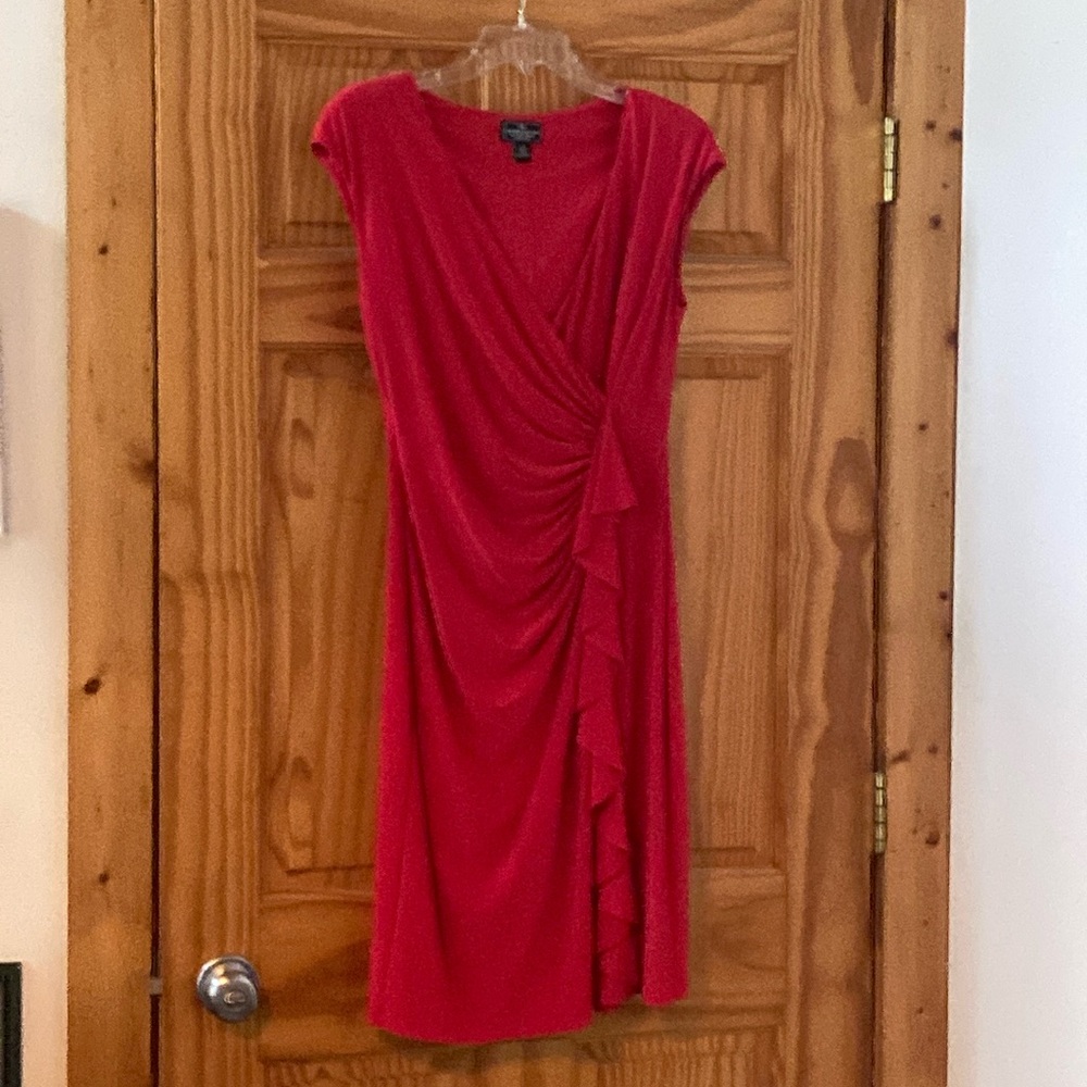 Red dress, nicely ruched, very comfortable.